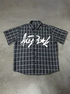 23 Number Grid Short Sleeve Shirt, Y2K Streetwear Button-Up, Vintage Checked Plaid Casual Top, Perfect for Skateboarding and Daily Wear