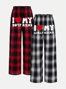 Couples Pajama Pants for Boyfriend & Girlfriend – I Love My Partner Print Plaid PJs, Soft Casual Loungewear for Him & Her, Matching Couple Sleepwear Set for Valentines, Anniversary & Daily Cozy Nights