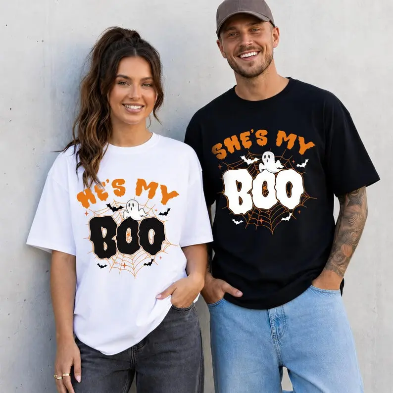 She's My Boo He's My Boo T-Shirt, Funny Halloween Couples Matching Tee, His and Hers Spooky Season Shirt, Cute Ghost Couple Outfit, Husband Wife Boyfriend Girlfriend Halloween Gift
