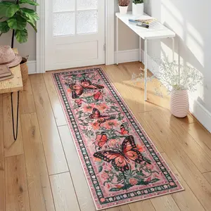 American Retro Butterfly Floral Rug, Non-Slip Long Carpet, Hallway Mat, Easy Clean, Suitable for Living Room Bedroom, Butterfly Area Rug, Vintage Floral Rug, Floral Washable Rug