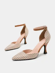 Meadow Houndstooth Pointed Toe High Heel Shoe, Textile Upper, Rubber Sole, Retro British Style, Versatile for Work, Dates, Daily Wear