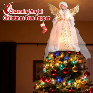 Lighted Angel Christmas Tree Topper with Golden Wings & Floral Bouquet,13.5 Inch Festive Angel Figurine with LED Lights, Elegant Tree Decoration for Holiday Ambiance