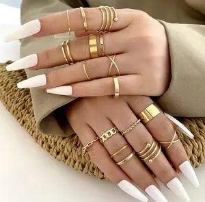 Women's Gold Geometric Rings - Set of 16, Gold Minimalist Rings, Gold Nail Rings