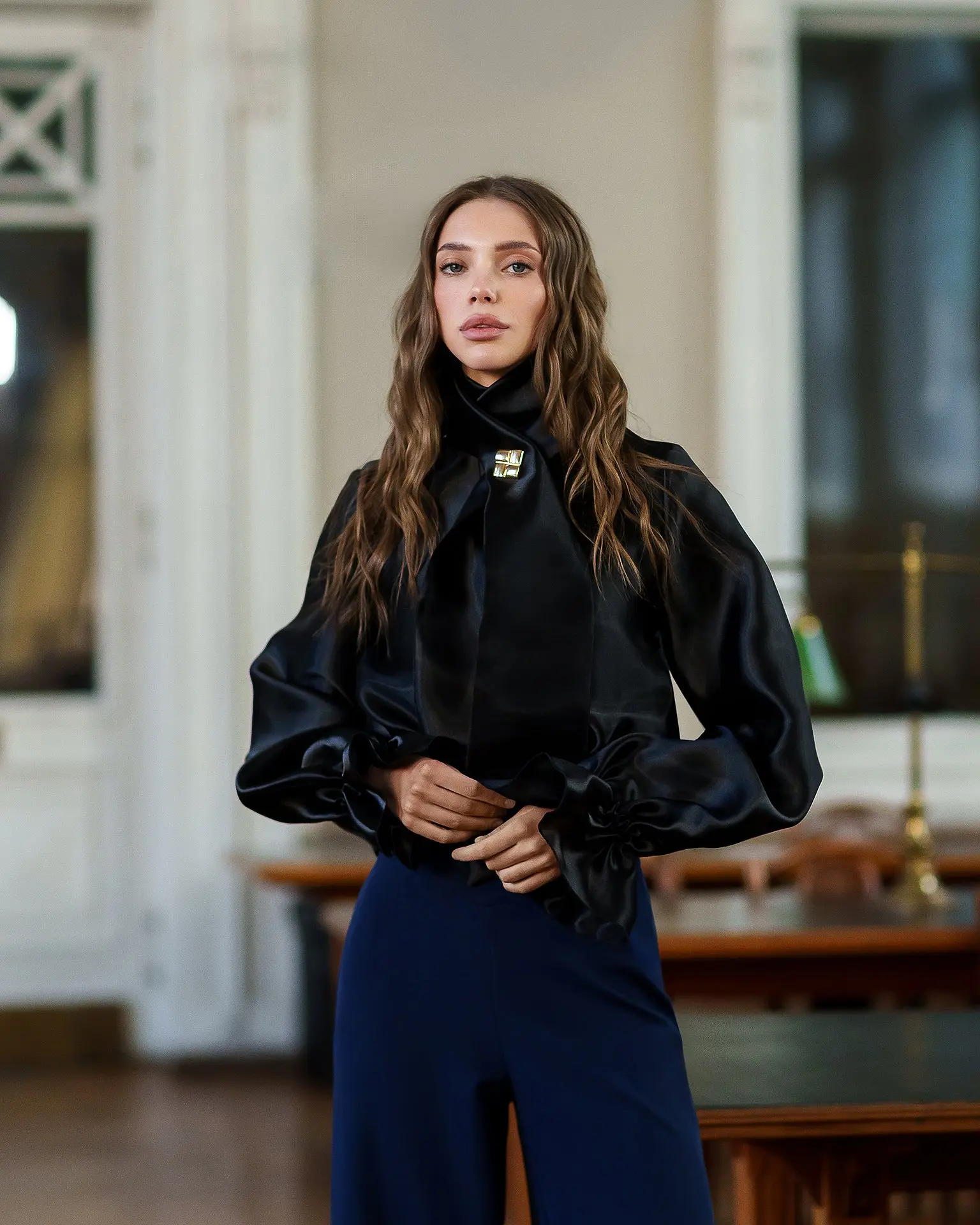 Black Sheer Organza Bow-Neck Puff Sleeve Blouse