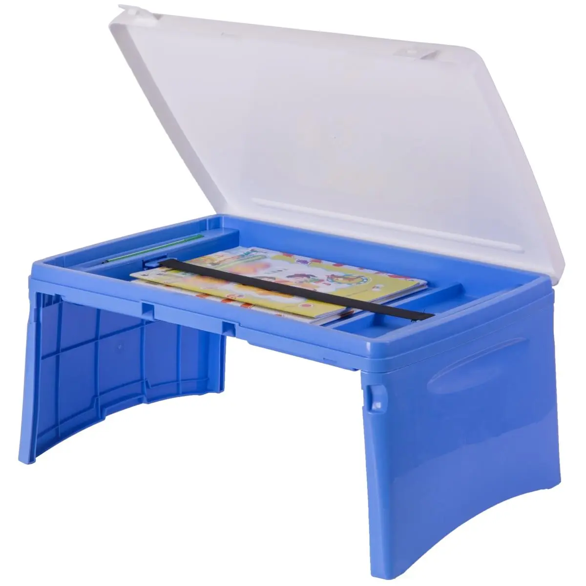 212 MAIN Kids Portable Foldable Plastic Lap Tray - 9.5x20.5x13 in, 5 lbs, Blue & White, Top Lifting, Easy Setup, Highly Sturdy Home Organizer, Student Learning Desk for Homework, Cottage