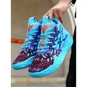 Parent - Child Fluorescent Pink - Green Graffiti Basketball Shoes, Art Sports Style, High - Top Mesh Material, Eye - Catching & Unique, Shock - Absorbing & Ankle - Protecting, Ideal for Parent - Child Basketball Training & Trendy