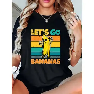 Women's Retro Let's Go Bananas T-Shirt, Funny Banana with Sunglasses Graphic Tee, Casual Summer Beach Party Outfit for Ladies 100% Cotton T-shirt