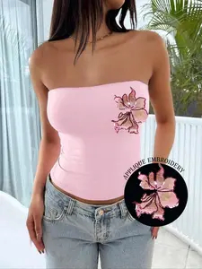Y2K Millennium Aesthetic Embroidered Crop Top, Gold Beaded Flower Design, Casual Summer Streetwear, Gradient Petal Edge
