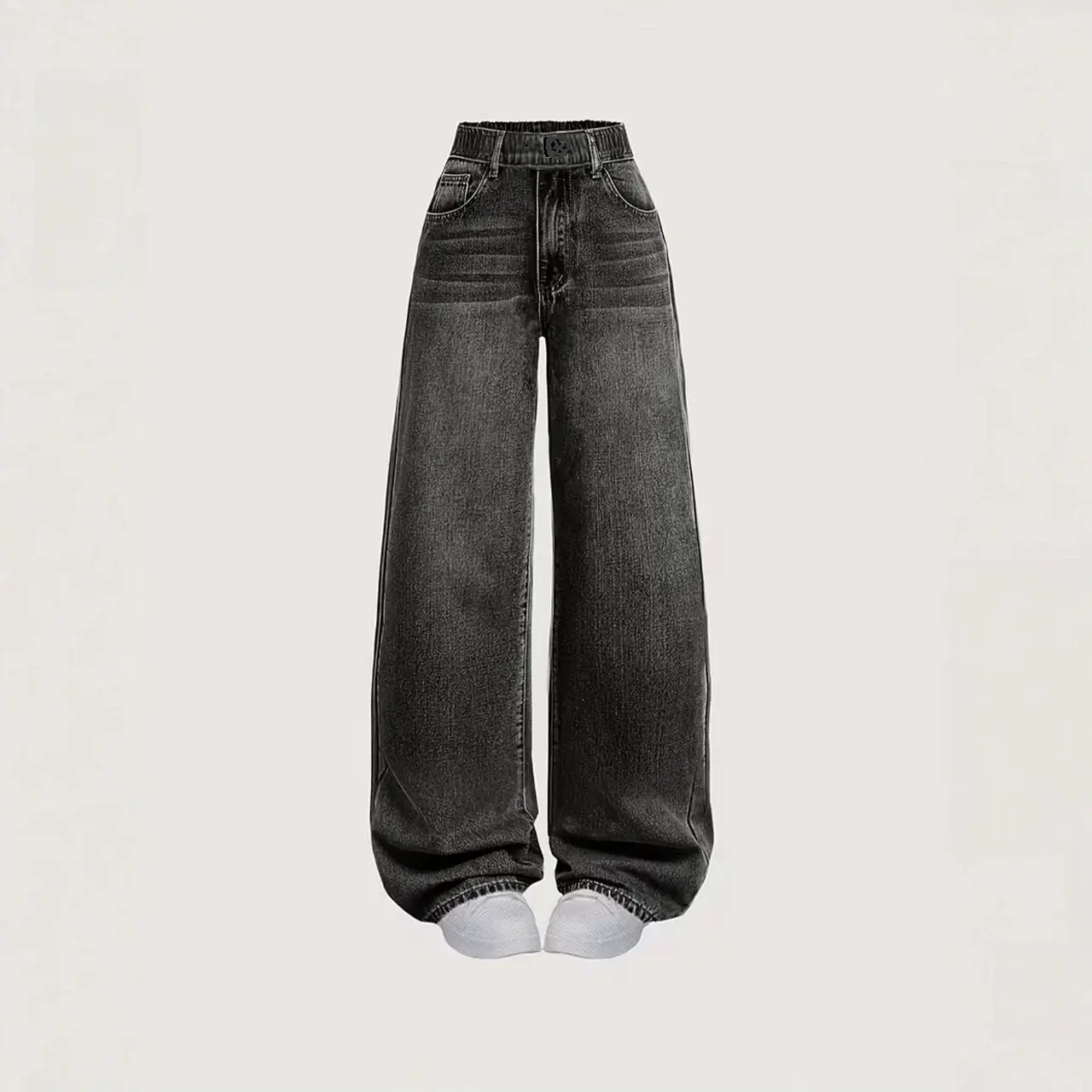 Girls' Vintage 2000s Wide-Leg Baggy Jeans, Mid-Rise Cotton Blend Casual Wear, Korean Street Fashion Winter Bottoms, Zipper Fly Back to School Black Long Pants, Baggy Pants