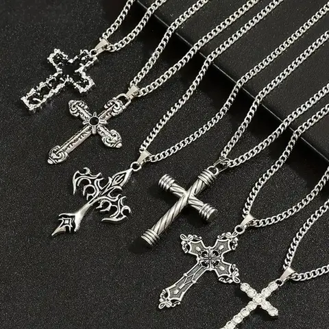 Men's Vintage Cross Design Pendant Necklace, Cross Necklaces, Fashion Necklace, Stainless Steel Jewelry for Party, Daily Clothing Decor, Trendy All-match & Exquisite Jewelry for Birthday Gift