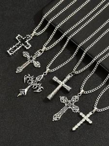 men's vintage chains & cross pendant chain necklace, statement religious charms necklace, stainless steel jewelry for party, daily clothing decor, trendy all-match & exquisite geometric cross design jewelry for birthday gift, men's gothic jewelry