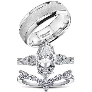 Couple Rings White Gold Plated 925 Sterling Silver Ring 1.5CT Marquise AAAAA CZ Women Wedding Ring Sets Men Wedding Band