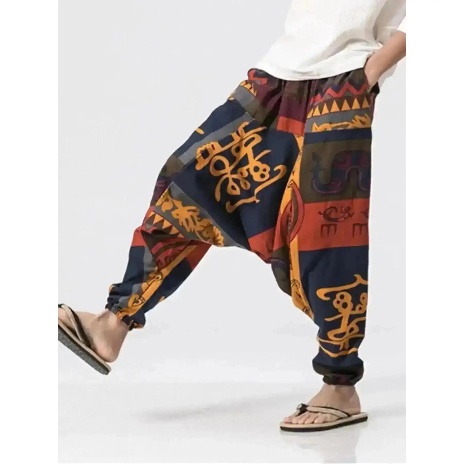 Men's Tribal Pattern Tie Waist Harem, Boho Casual Comfy Trousers for, Bottoms Summer, Bohemian Classic Design Everyday Essential Versatile Style Comfort, Piece Relaxed Fit Breathable day to night laid back