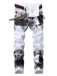 Men's Jeans Slim Fit Casual Comfort Straight Leg White Denim Pants Mid Waist Black And Grey Printed Trousers
