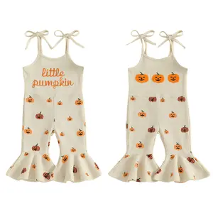 REDWOON Halloween Toddler Girl Bell Bottom Jumpsuit Little Pumpkin Embroidery Romper Baby Spaghetti Straps Overalls Flare Pant Kid Playsuit