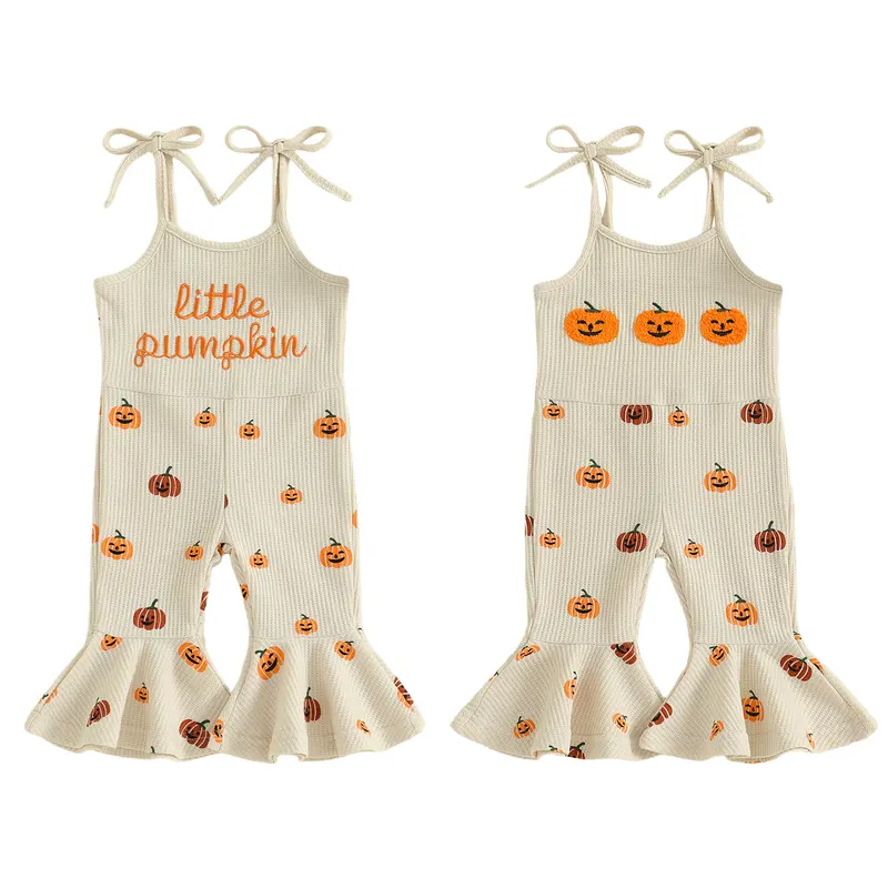 REDWOON Halloween Toddler Girl Bell Bottom Jumpsuit Little Pumpkin Embroidery Romper Baby Spaghetti Straps Overalls Flare Pant Kid Playsuit