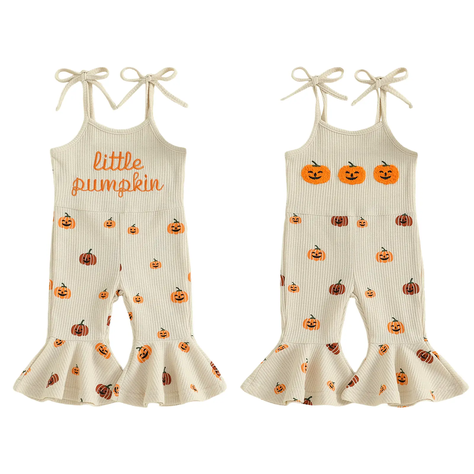 REDWOON Halloween Toddler Girl Bell Bottom Jumpsuit Little Pumpkin Embroidery Romper Baby Spaghetti Straps Overalls Flare Pant Kid Playsuit