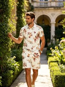 Men's Two-Piece Floral Print Polo Set, Short Sleeve Top + Drawstring Shorts, Breathable Casual Summer Streetwear, Daily, Vacation, Beach, Tropical, Clothes