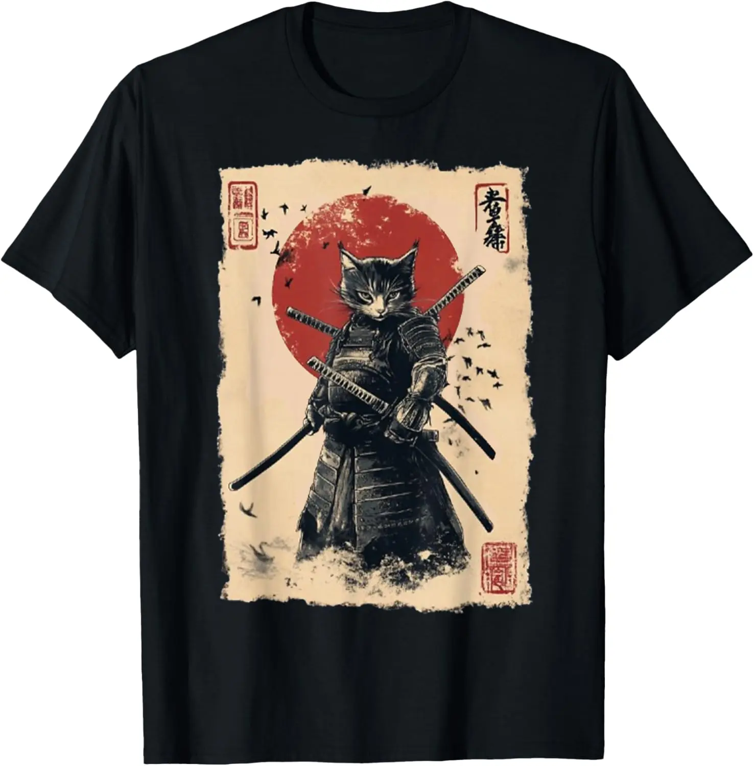 Vintage Japanese Art anime graphic samurai cat warrior T-Shirt Pure Cotton Graphic Tees Menswear Top: Gifts for Men & Women Sleeves Streetwear