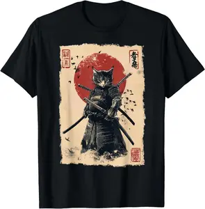 Vintage Japanese Art anime graphic samurai cat warrior T-Shirt Pure Cotton Graphic Tees Menswear Top: Gifts for Men & Women
