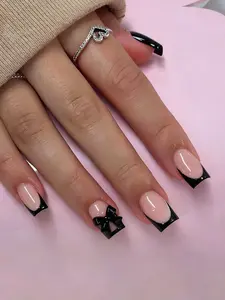 24pcs Set, Medium Square False Nails, 3D Bow Decor, Black French Manicure, 1pc Nail File And 1pc Nail Glue Sticker Set, Suitable For Girls, Mothers, Women, Ideal Gift For Nail Art Enthusiasts Thanksgiving, Mother's Day And Valentine's Day