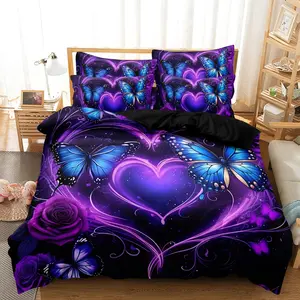 3pcs Valentine'S Day Dreamy Heart Rose Butterfly Duvet Cover Set (1 Duvet Cover + 2 Pillowcases, No Core), Decorative Duvet Cover, High-Definition Print for Home Or Dorm Use.Valentine'S Day Gift