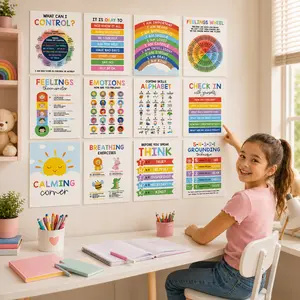 12 Calming Corner Classroom Posters  - Feelings Wheel Chart & Emotions Poster For Kids, Calm Down Corner Supplies For Therapy Office Decor, Mental Health Wall Decorations For Preschool