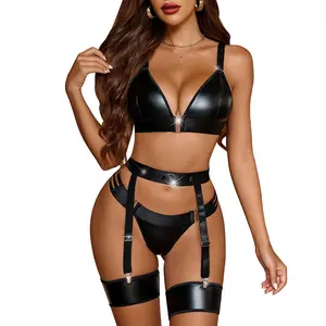 Avidlove Women Lingerie Set Leather Garter 5 Piece Bra and Panty Set