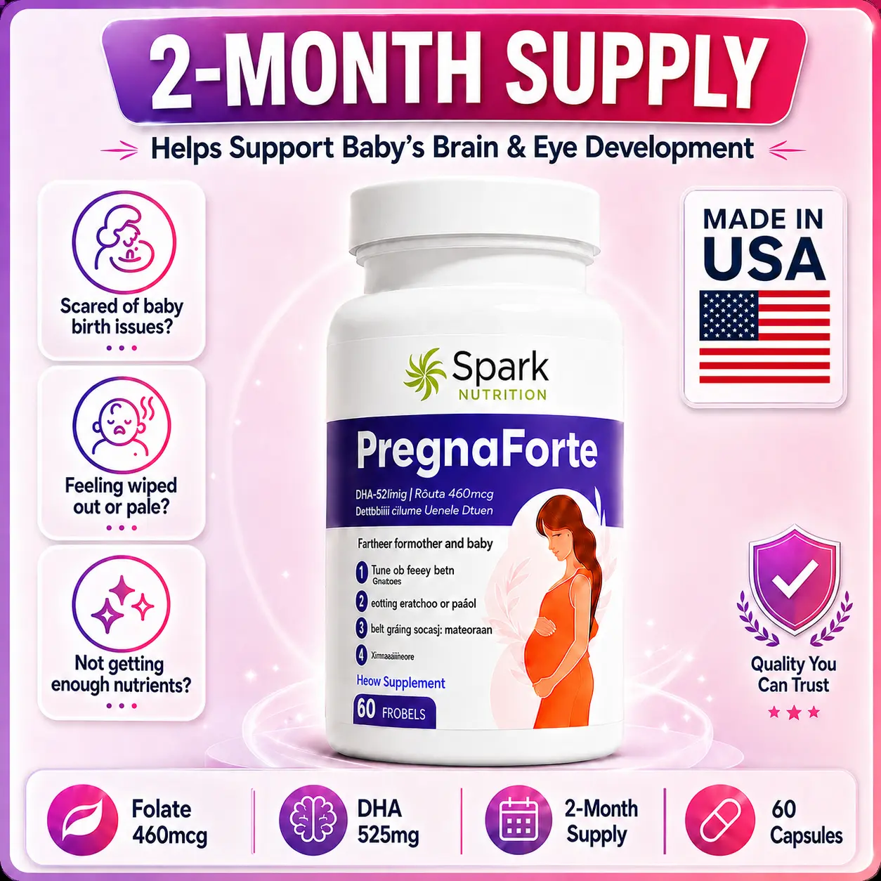 Spark Nutrition Pregnaforte 1 a Day Prenatal Formula - 2-Month Supply Natural Iron Vitamin with Folic Acid & Iron, Omega-3 DHA EPA, Choline, Organic Multimineral, Non-GMO, Gluten-Free, Supports Daily Nutritional Needs, Fetal Development, Pregnancy Health