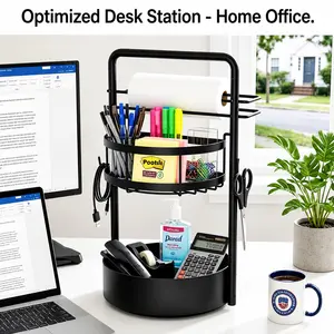 360° Rotating Metal Desk Caddy Organizer - 2-Tier Storage Rack with Paper Towel Holder, Matte Finish for Home Office Workstation, Snacks, Tea Bags, Charging Cables & Everyday Essentials