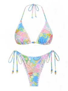 SEAMOLY Paisley Bikini Set with Beaded Accents - Bohemian Elegance & Adjustable Comfort for Summer Beach Holiday Vacation swimsuit women bikinis sets swimwear hawaii cheeky bikini sets high waisted bathing suits for 2025 swimsuits 2 piece thong bikini