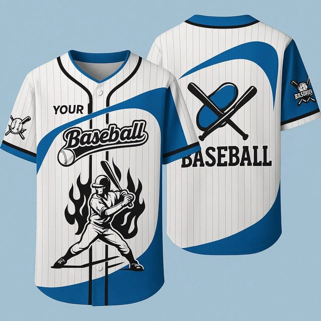Custom Blue Baseball Jersey - Modern Pinstripe Design with Batting Player Graphic