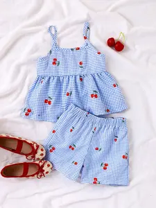 Summer Girls' Cherry Plaid Tank Top & Shorts Set, Breathable, Loose Fit, Comfortable, Ideal for School, Weekend, Beach, Home Wear, Summer Clothing Set, Summer Clothes Set