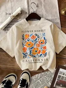 Women's Floral Print Round Neck Tee, Vintage Trendy Casual Short Sleeve T-shirt for Daily Wear, Ladies Summer, Casual Loose Tee, Top