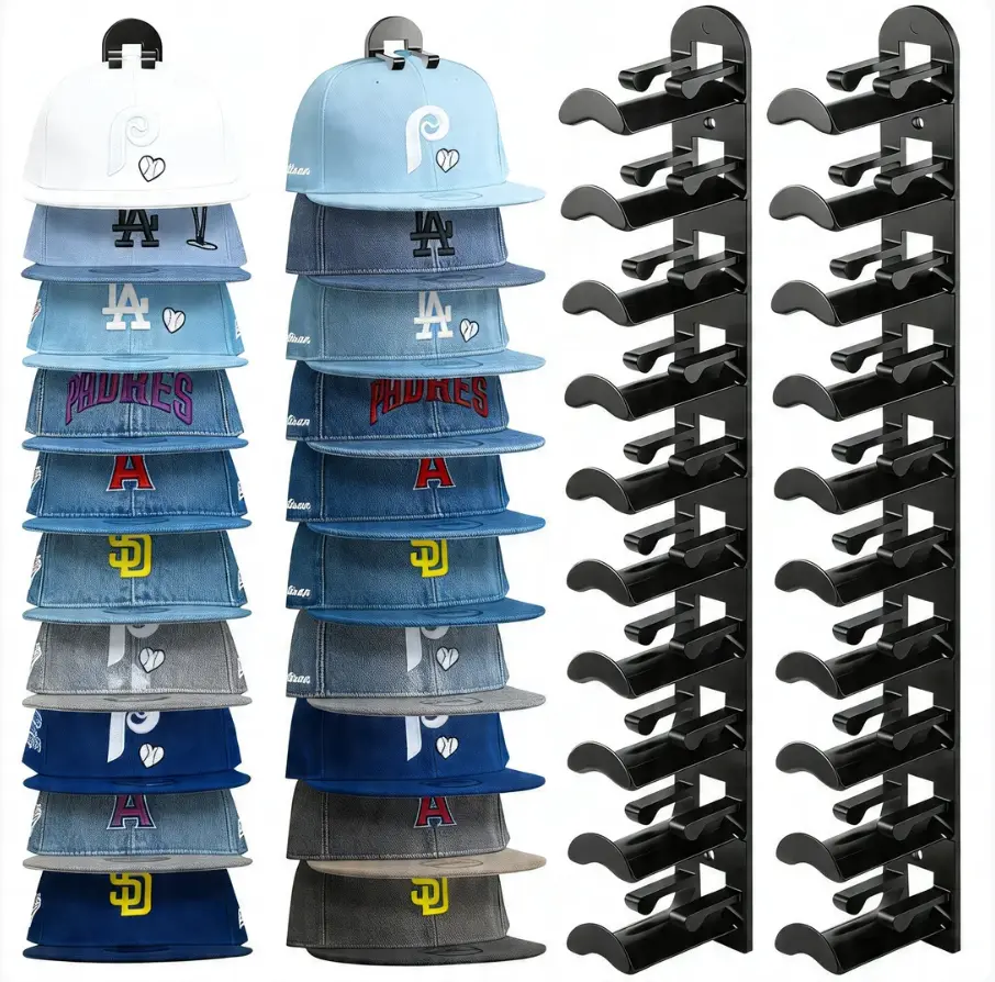 【2026 Upgraded】Hat Organizer for Closet Door and Bedroom, Hat Rack on Wall for Baseball Caps, Hat Storage Ideas for Men, Wall-Mounted Hat Holer on Wall Installs with Adhesive Or Screws Hold Up to 20 Hats, Hat Hanger for Caps, Space-Saving Hat Hangers