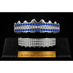 Silver Plated Upper & Lower Grillz Set Blue Iced Rows