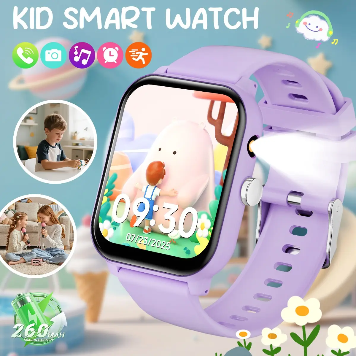 Kids Smart Watch, Child Watch, 1.83" HD Color Screen, Bluetooth Call, Music Control, Remote Camera, Fun Games, Flashlight, Sports Tracking & Pedometer, Alarm & Weather, Custom Cute Watch Faces, 260mAh, Long Battery Life, Multifunctional Smart Watch