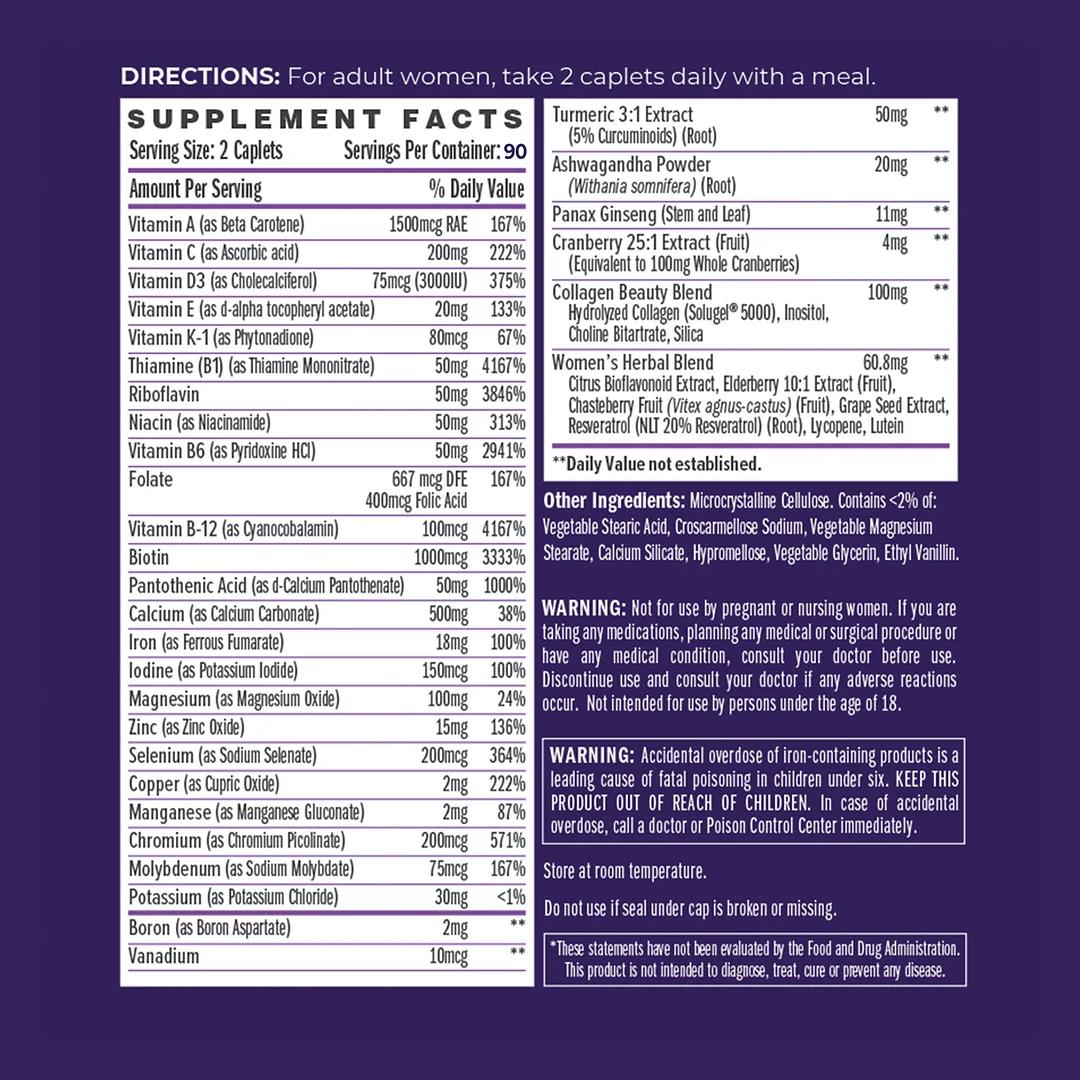 Vitamin World ULTRA 360 Women's Multivitamin - Non-GMO, Gluten Free, 0 Preservatives - Healthcare, Ashwagandha, Collagen Dietary Edible Supplement , Springtok Calcium, Fitness