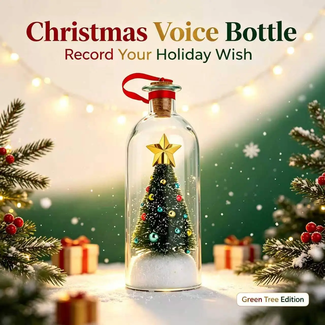 Mr. Christmas 8-in Recordable Christmas Tree Message In A Bottle, Voice-Recording Keepsake Ornament, Sentimental Family Holiday Gift, Glass Home Decor Souvenir