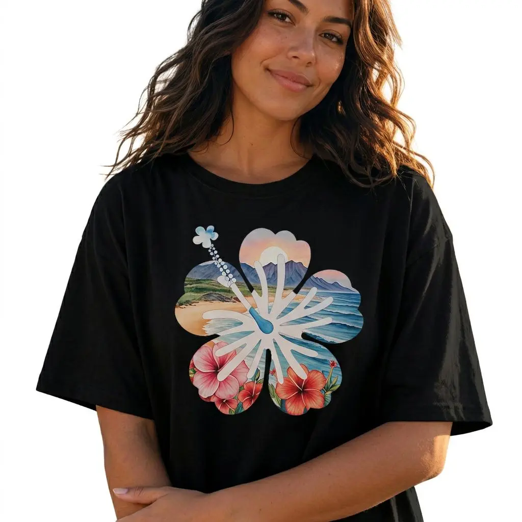 Tropical Hibiscus Sunset Graphic Tee Women Beach Vacation Shirt Plus Size