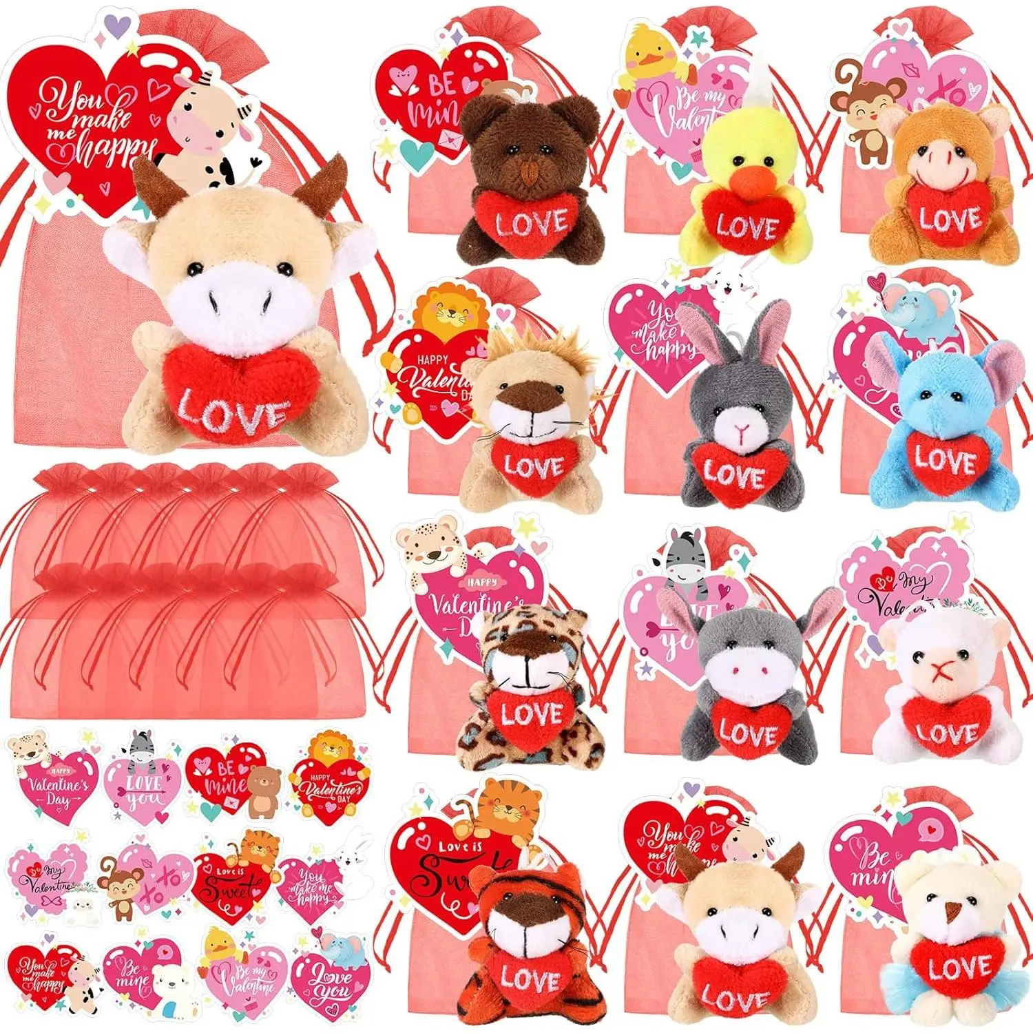 36 Pcs Valentine's Day Classroom Gifts for Kids, 12 Set Valentine Mini Stuffed Animals Plush Toy with Heart Cards Bags for Students Exchange Gift Valentine Party Favors Goodie Bag Stuffers