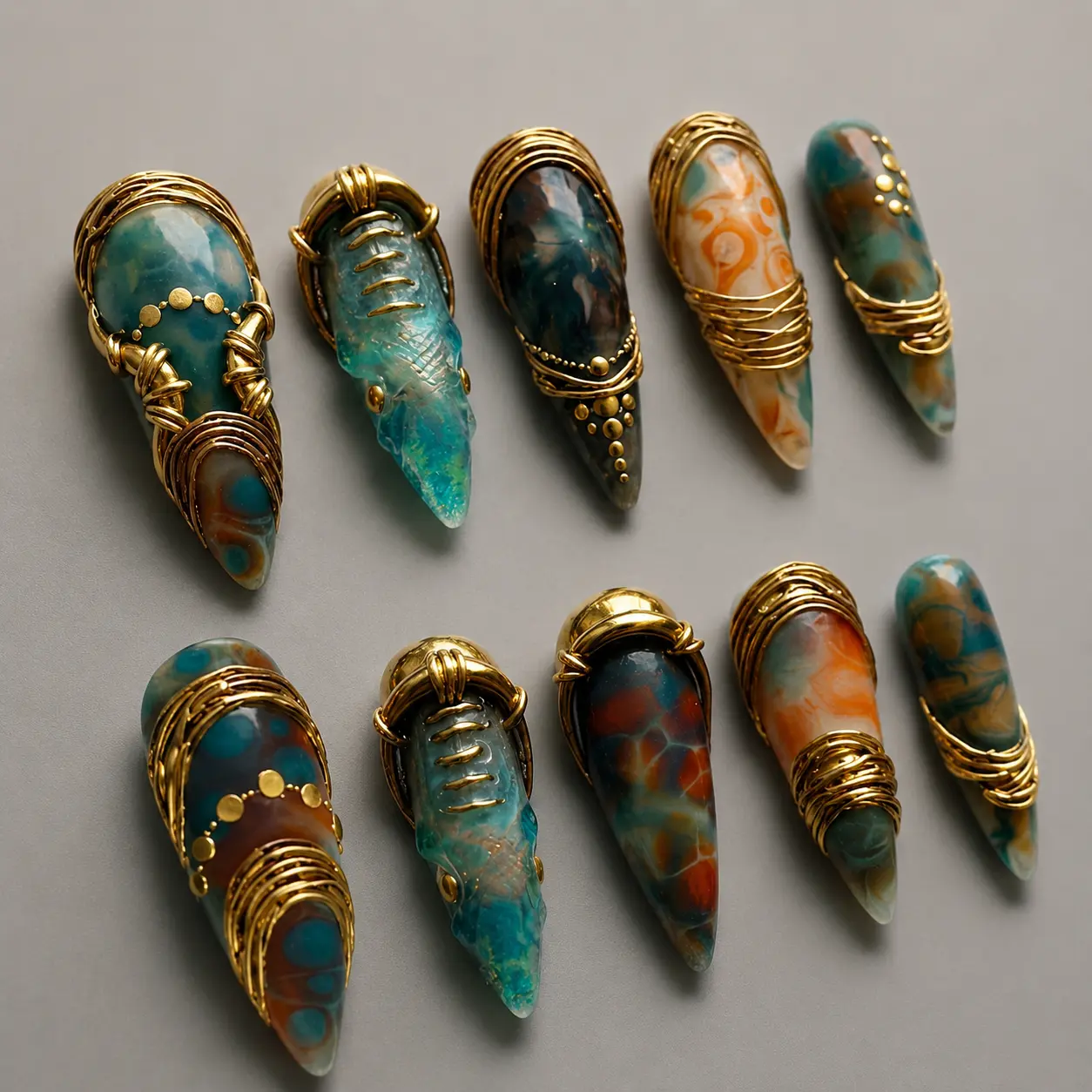Boho Gemstone Press On Nails | Teal Orange Agate Marble Gold Wire 3D Crystal Long Stiletto Nails, Earthy Luxury Nail Art