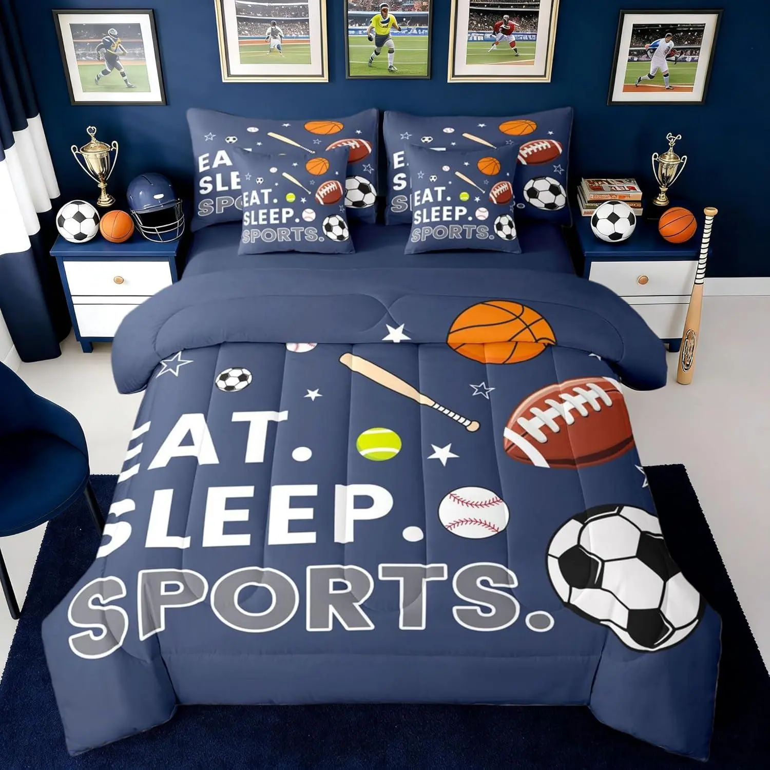 Feelyou 7-Piece Ultra Soft Fiber Sports Ball Bedding Set - Navy Blue Children's Bedsheet Sets with Football, Basketball, Baseball, Soccer Motifs, Comforter, Multi-Size Options for Girls' Birthday, Children's Day, Beddingsets, Kids Football