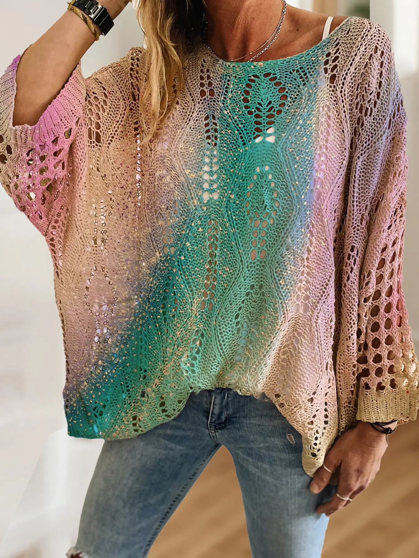 Women's Artistic Gradient Ombre Print Long Sleeve Knit Hollow Out Top, Casual Elegant Chic Spring Vacation Style Sweater, Valentine's Day Knitwear, Plus Size, Womenswear, Knitting
