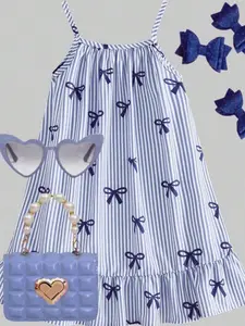 kids This Woven Fabric Sundress For Girls Features Striped Bows, Digital Prints, A Colorful Red Striped Hem, And Ruffles. It's Perfect For Everyday Summer Wear, Outings, Travel, Vacations, And Parties.