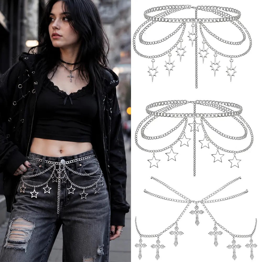 3PCS Thorn Heart Waist Chain Belt - Punk Gothic Crossover Body Belly Chains Tassel for Women Girl