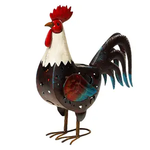 G128 Solar Metal Rooster Garden Statue | 18 in Farmhouse Rooster Outdoor Decor with LED Lights, Colorful Yard Art for Lawn Patio Backyard