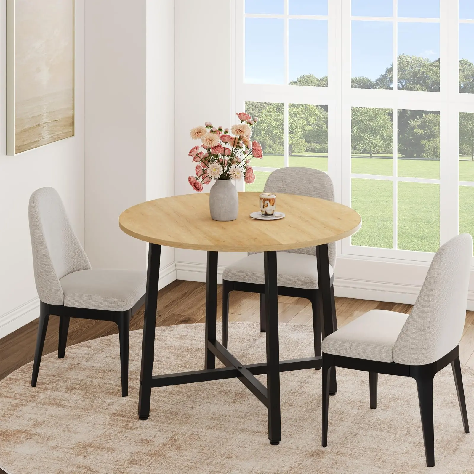 Garvee Small Round Dining Table, 31.5 Inch Modern Farmhouse Kitchen Table for 4, Water-Resistant Wood Surface with Sturdy Steel Frame, Ideal for Small Spaces and Breakfast Nooks, Natural Wood Finish