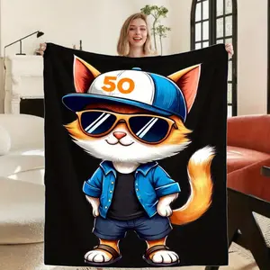Cool Cat Flannel Blanket with Blue Cap Fashion Glasses Number 50 Design All Season Soft Warmth Machine Washable Retro Bedspread Home Decor Durable Pilling Cozy Throw for Couch Bed Gift Stylish Feline Blue Orange Outfit Patchwork Quilt Sister Gift From Sis