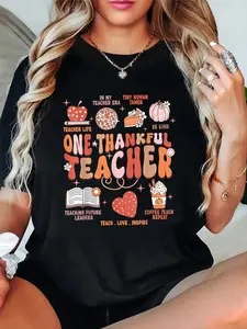 Teacher Thanksgiving Shirt Women One Thankful Teacher Fall T-Shirt women's graphic tees fall shirts Casual All-Season Sportswear,Round Neck, Short Sleeve, Machine Washable